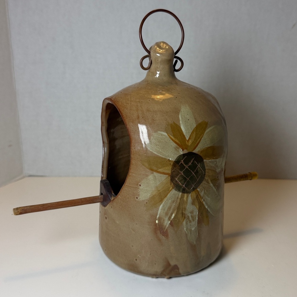 Handmade Pottery Birdhouse Painted Sunflower- Artist Signed